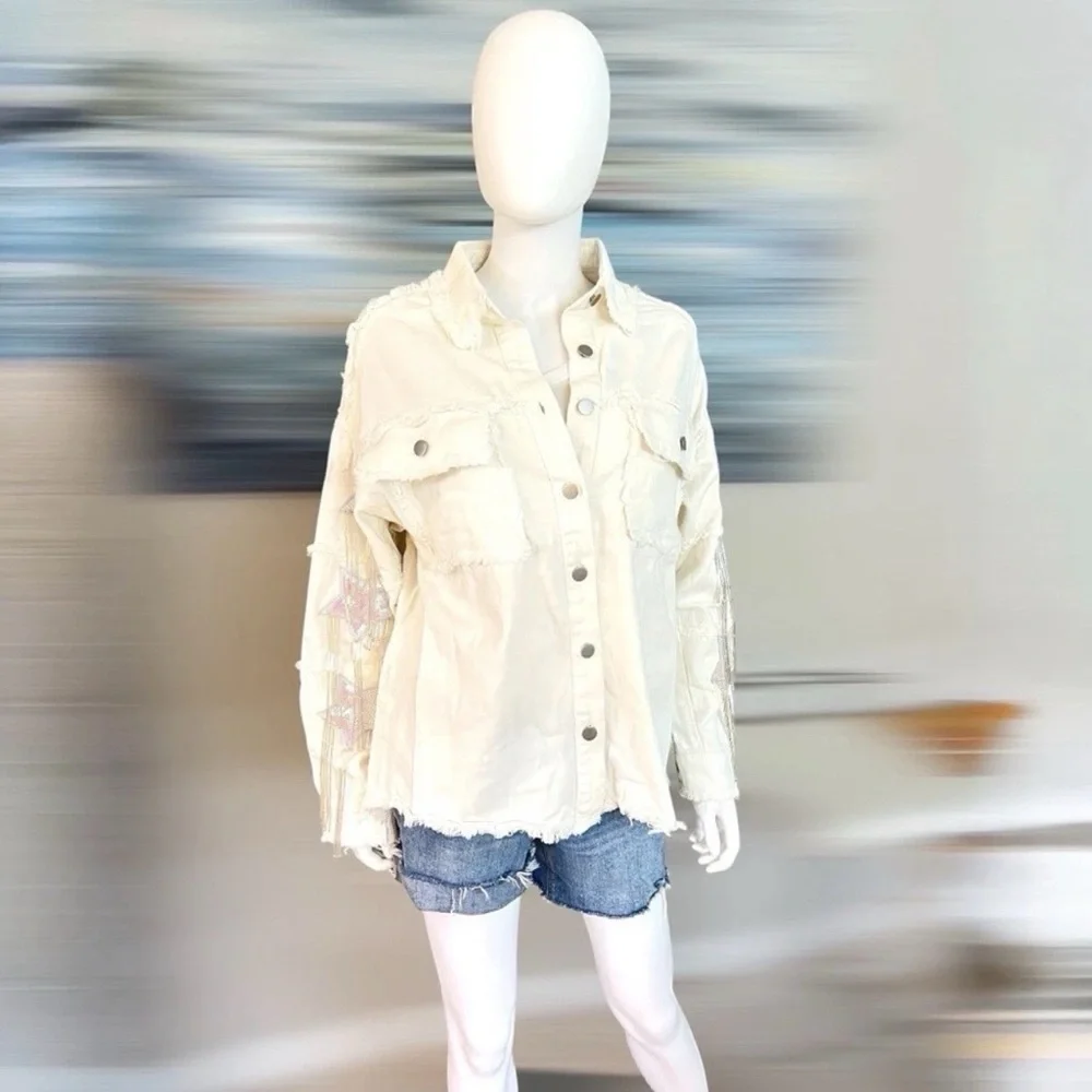 BLUE VELVET off white denim sequin and bead fringe detail Shacket/top size S M L - Picture 7 of 10